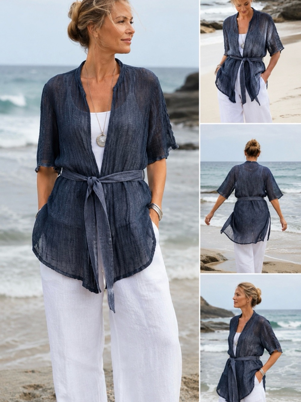 Babette USA Linen Net Sheer Kimono Cardigan Duster Belted Blue Coastal Boho S